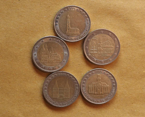 Немецкие монеты 2 евро, Европейский Союз — стоковое фото