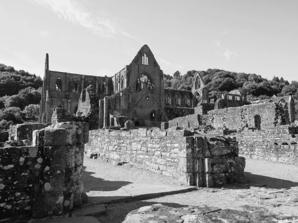 Praktikant Abbey (Abaty Tyndyrn) i Tintern, svartvitt — Stockfoto