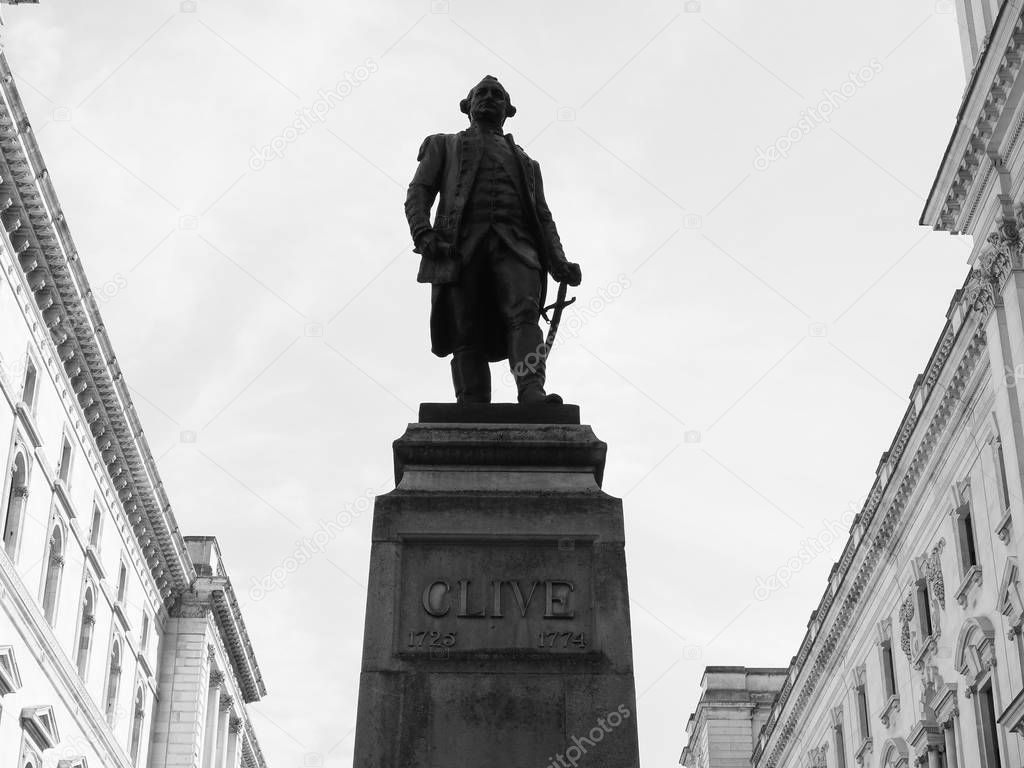 Clive of India statue in London, black and white