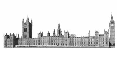 Houses of Parliament in London isolated over white, black and wh