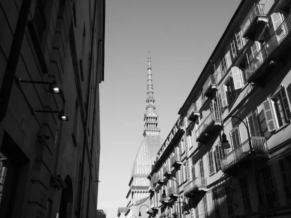 Mole Antonelliana Épület Olaszországi Torinóban Fekete Fehér — Stock Fotó