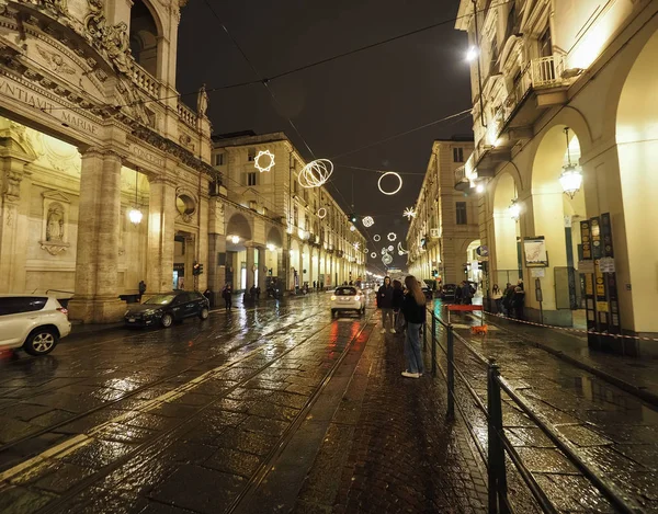 Turin Itália Circa Dezembro 2019 Vista Noturna Rua — Fotografia de Stock