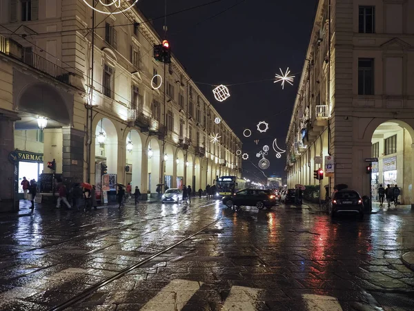 Turin Itália Circa Dezembro 2019 Vista Noturna Rua — Fotografia de Stock