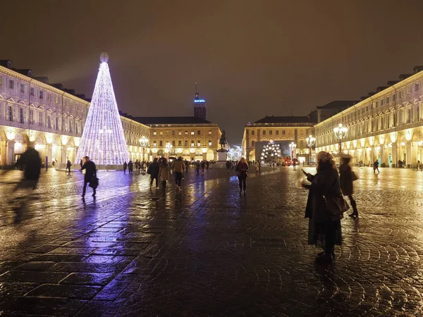 Turin Itália Circa Dezembro 2019 Vista Noturna Praça Piazza San — Fotografia de Stock