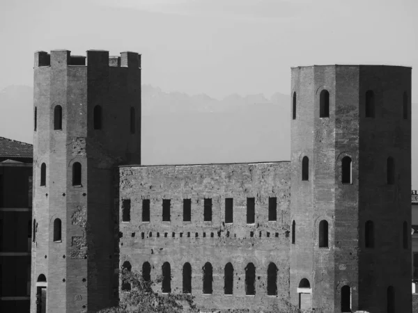 Ruiny Porta Palatina Palatin Brána Italském Turíně Černé Bílé — Stock fotografie