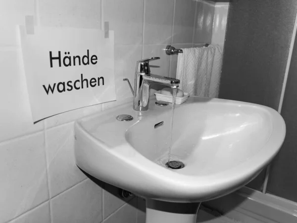 Haende Waschen Översättning Tvätta Händerna Tecken Nära Badrummet Handfat — Stockfoto