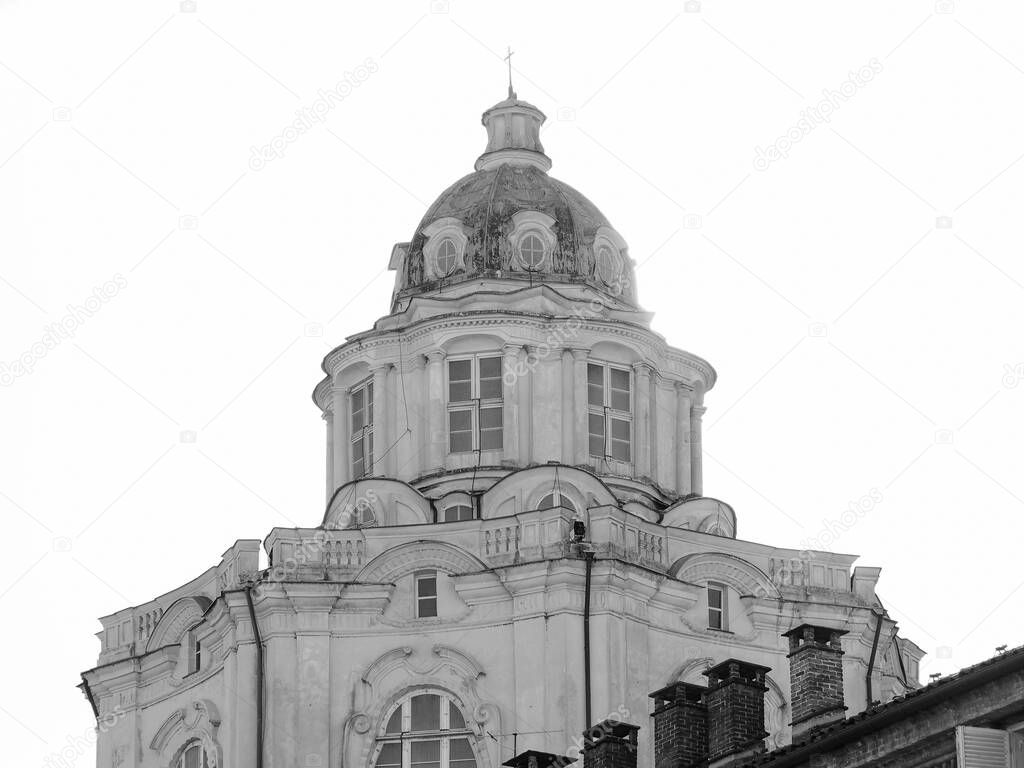 Dome of the church of San Lorenzo in Turin, Italy in black and white