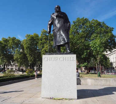 LONDON, UK - CIRCA SEPTEMBER 2019: Winston Churchill statue in Parliament Square by sculptor Ivor Roberts-Jones