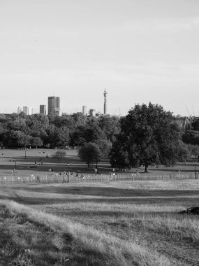 LONDON, UK - CIRCA SEPTEMBER 2019: Regent 's Park' ın kuzeyindeki Primrose Hill 'den siyah beyaz olarak Londra' nın ufuk çizgisi