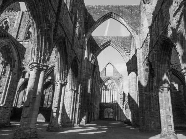 TINTERN, İngiltere - CIRCA SEPTEMBER 2019: Tintern Abbey (Galce Abaty Tyndyrn) harabeleri siyah beyaz