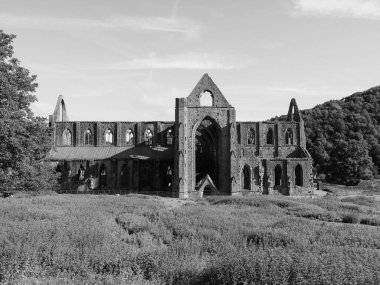 Tintern Abbey (Galce Abaty Tyndyrn) Tintern 'de harabeler, siyah beyaz Uk