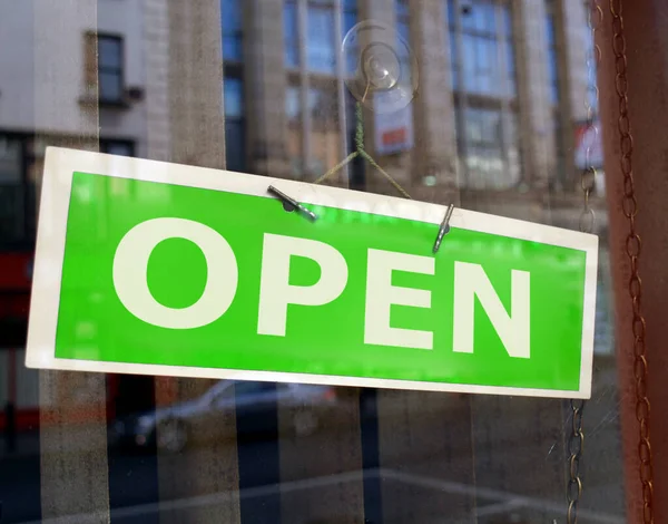 Green Open Sign Shop Window Reflections — Stock Photo, Image