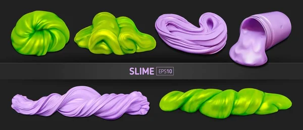Set of green and purple realistic slimes on a black background — Stock Vector