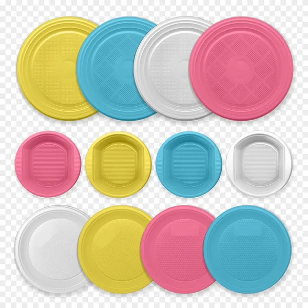 Set of realistic yellow, blue, pink and white plastic dishes — Stock Vector