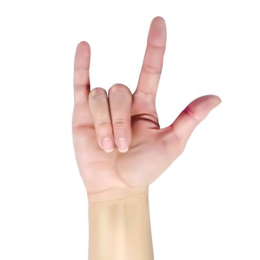 3D kadın eli kaya gösteriyor. Beyaz arkaplanda gerçekçi vektör çizimi.