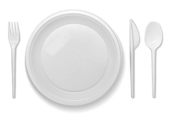 Conjunto de pratos de plástico 3d realista em um fundo branco — Vetor de Stock