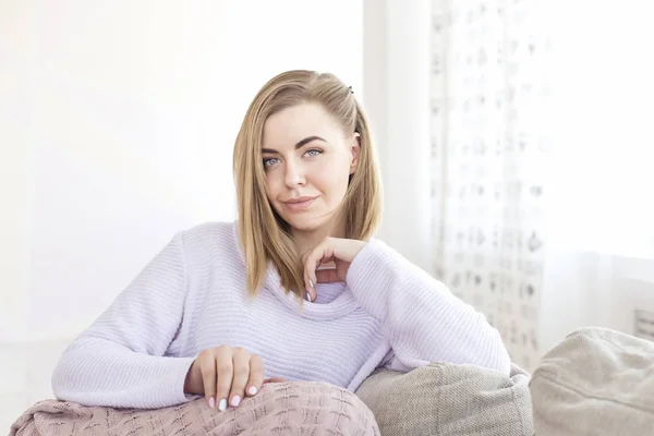 Young Pretty Blonde Girl Laying Cozy Bed Wearing Wool Winter — Stock Photo, Image