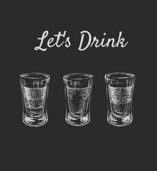 让我们喝。三种含酒精饮料的玻璃杯。手绘饮料向量例证. — 图库矢量图片