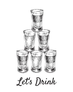 Sağlar içki. Fondip bardakları alkollü içecekler. Çizilmiş içki vektör çizim el.