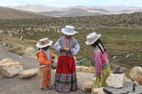 Children dressed in traditional clothes in the Pampas of Arequipa