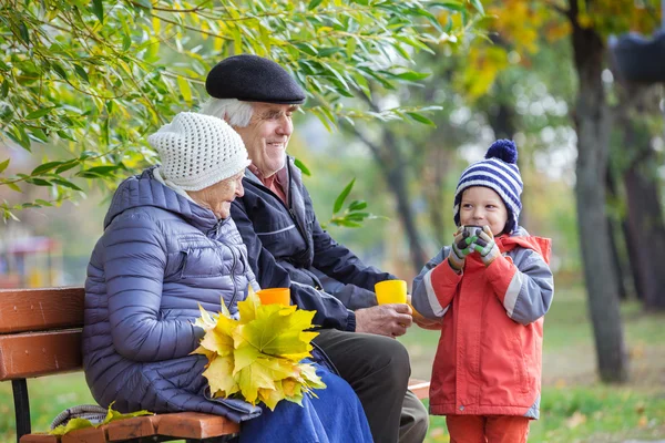 Starší pár a vnuk pití horkého čaje v podzimním parku — Stock fotografie