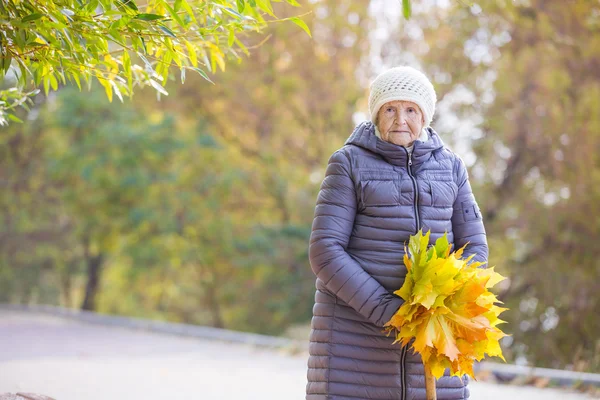 Senior Kvinna med massa hösten lämnar promenader i parken — Stockfoto