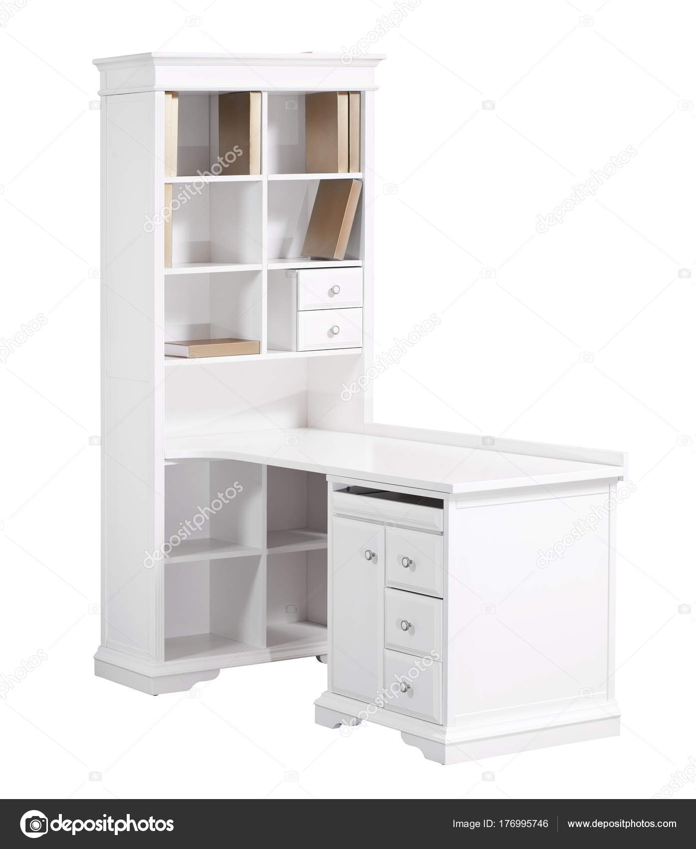 Home White Wooden Workstation Desk And Bookcase With Clipping Home White Wooden Workstation Desk And Bookcase With Clipping Path Photo By Photobac