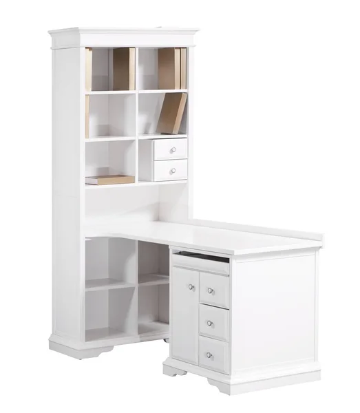 家庭白色木制工作站 (办公桌和书柜), 与剪辑 — 图库照片