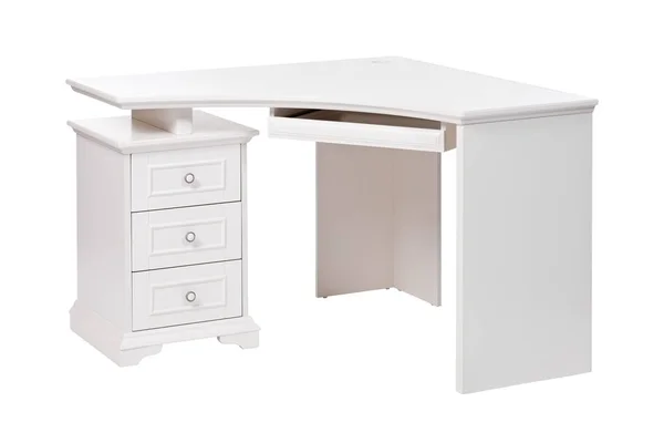 Bílý dřevěný stůl a počítač stůl nad bílou, s cestou — Stock fotografie