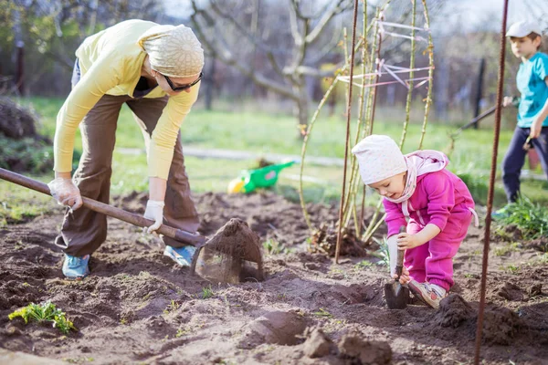 Młoda Kobieta Pracuje Ogrodzie Podczas Gdy Jej Córeczka Bawi Się — Zdjęcie stockowe