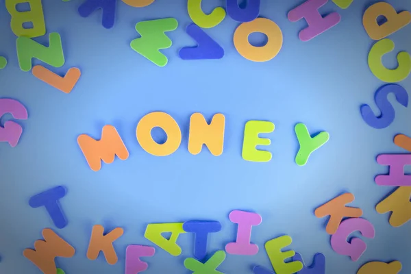 The word money is laid out in colorful letters. Beautiful inscription with a vignette. — Stock Photo, Image