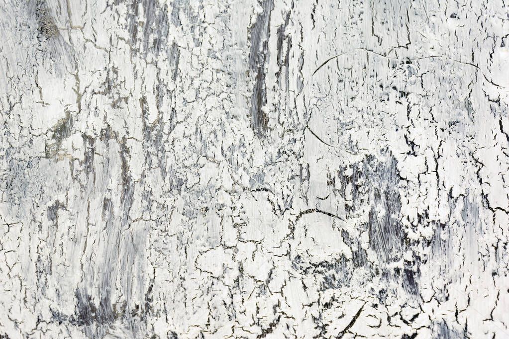 Background with cracked white and gray paint. Texture of old rough coating. A wall with an unusual, abstract.