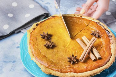 Kız bir parça ev yapımı balkabağı turtası keser. Balkabağı tohumu ve yıldız anason. Lezzetli tatlı