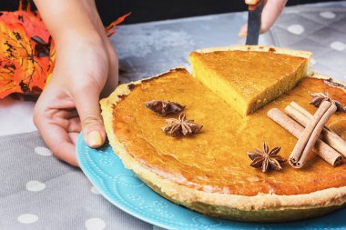 Tarçınlı ve anasonlu ev yapımı lezzetli balkabağı turtası. Bir parça kes.