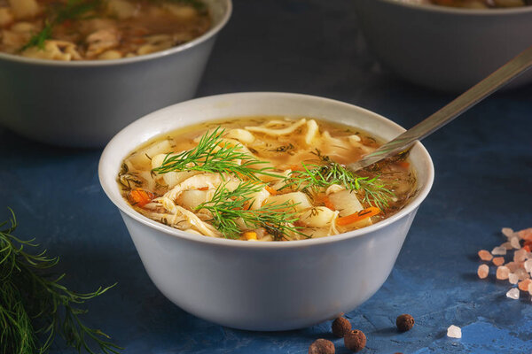 Fresh Chicken Noodle Soup Ceramic Bowl Closeup