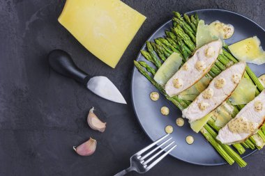 Fotokopi alanı olan düz. Siyah tabakta yeşil kuşkonmaz, fıstık soslu dilimlenmiş hindi ve parmesan peyniri var. Sağlıklı bir diyet yemeği