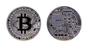 Beyaz arkaplanda izole edilmiş gümüş bitcoin para