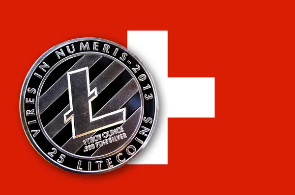 Ilustración 3D litecoin moneda en la bandera de Suiza — Foto de Stock