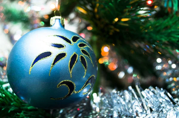 Palla di Natale blu su un ramo di abete rosso Immagine Stock