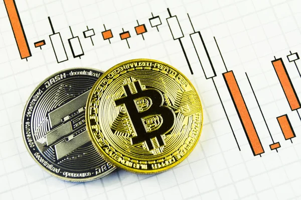 Bitcoin è un modo moderno di scambio e questa valuta crypto — Foto Stock