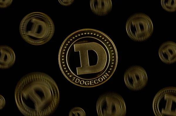 Elementen Van Dogecoin Cryptogeld Vallen Foto Een Zwarte Achtergrond — Stockfoto