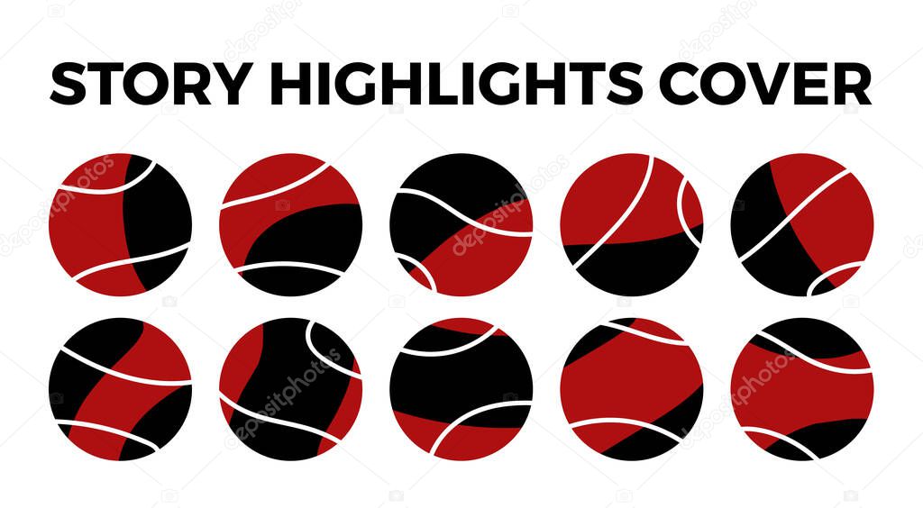 Instagram highlights stories covers icons. Set of 10 highlights red and black covers. Fully editable, scalable vector file.