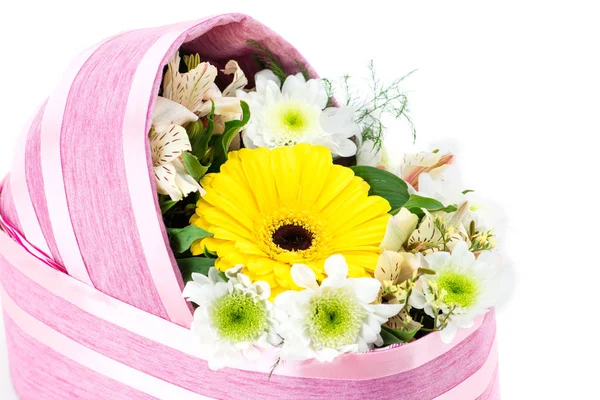 Gift-stroller of fresh flowers for the birth of the child (boy a — Stock Photo, Image