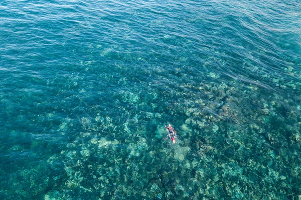 Uma Vista Aérea Surfista Esperando Por Uma Onda Oceano Azul — Fotografia de Stock