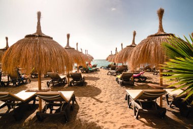 Gün batımında popüler Tenerife plajı, tatil konsepti, tenerife adasındaki plaj, costa adeje