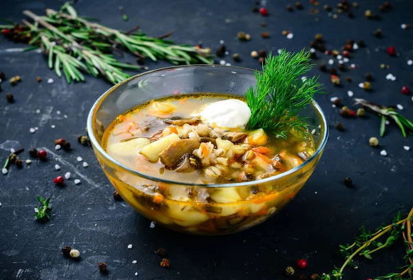 Sopa Crema Champiñones Sobre Fondo Rústico — Foto de Stock