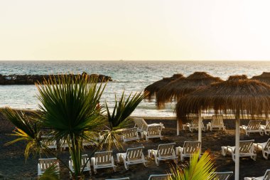 Mavi gökyüzü olan saman plajı şemsiyesi La Caletta 'nın siyah volkanik plajında güneşli yataklar. Tenerife, Kanarya Adaları, İspanya.