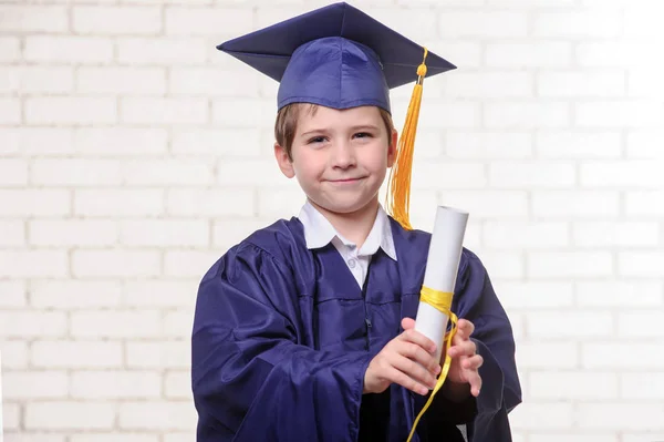 Primary school boy in cup and gown posing with diploma. — Stock Photo, Image
