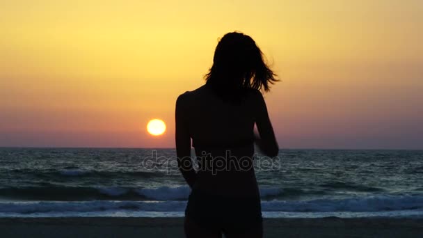 Силуэт Янг элегантная женщина позирует перед низко висящим солнцем . — стоковое видео