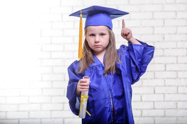 Portrait Cute Schoolgirl Graduation Hat Classroom — Stock Photo, Image